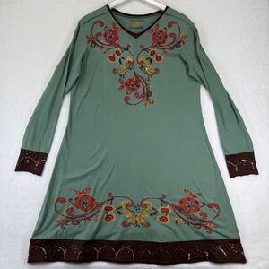 Double D‎ Ranchwear Sage Green Beaded Floral Embroidered Tunic Dress L READ